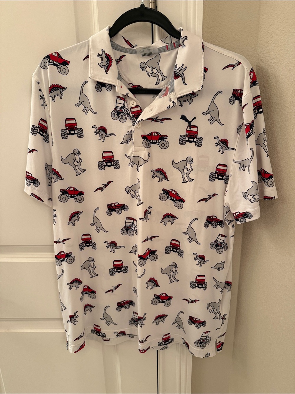 Puma White Polo with Red & Gray Dino and Truck Print